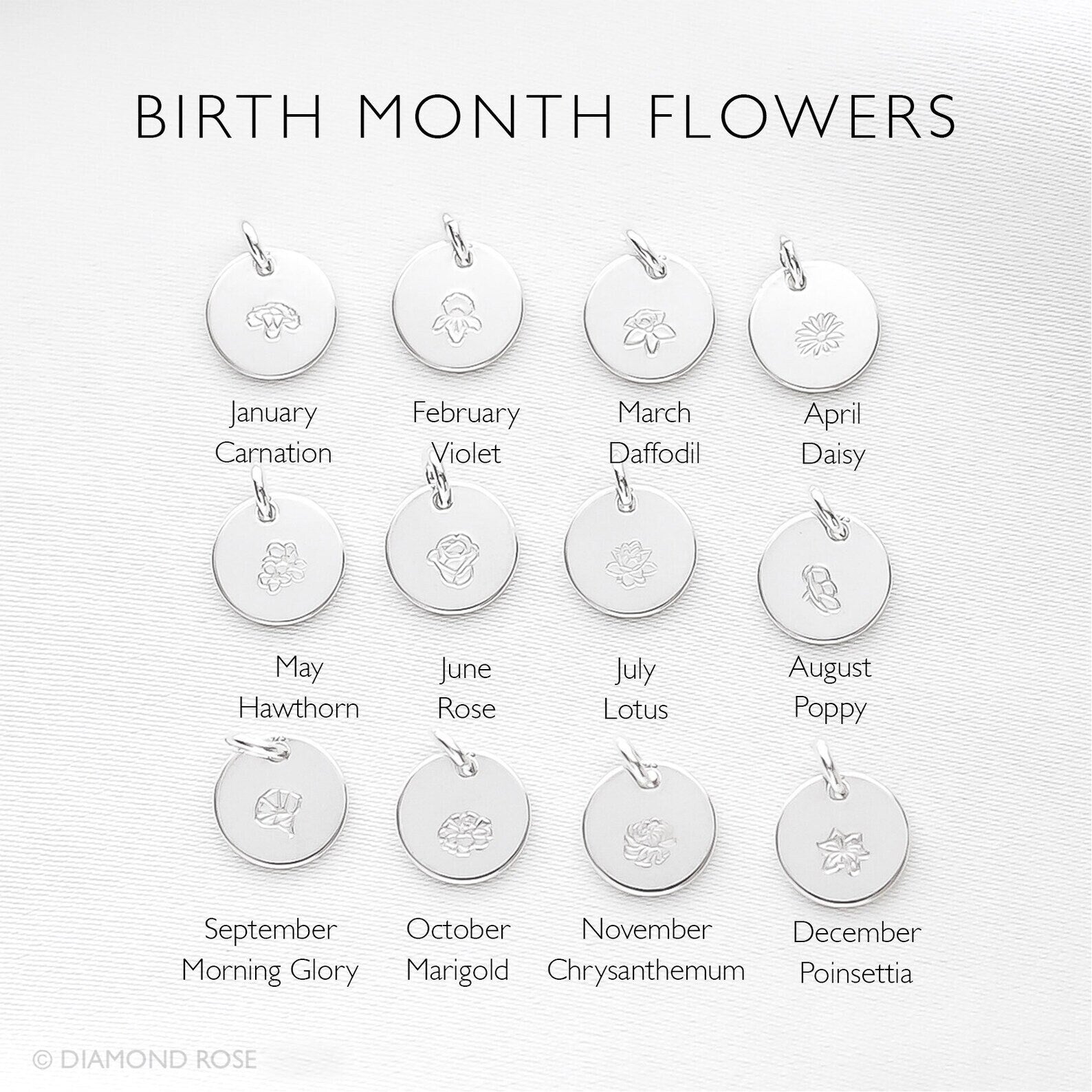 Silver charms handstamped with birth month flowers on a white background
