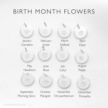 Silver charms handstamped with birth month flowers on a white background