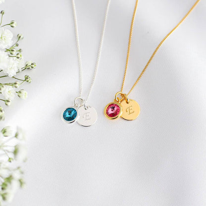 Personalised birthstone necklaces in sterling silver and gold vermeil with colourful crystal birthstones and hand-stamped initial charms.