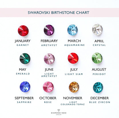 Swarovski birthstone chart with colorful gemstones for each month.