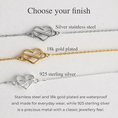 Heart infinity bracelet finish comparison showing silver stainless steel, 18k gold plated and 925 sterling silver options on a light background.