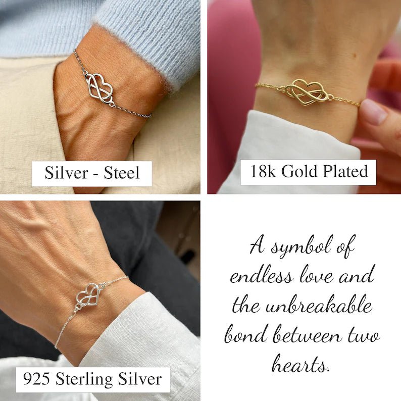 Heart infinity bracelet worn on the wrist in silver stainless steel, 18k gold plated and 925 sterling silver finishes, symbolising love and connection.