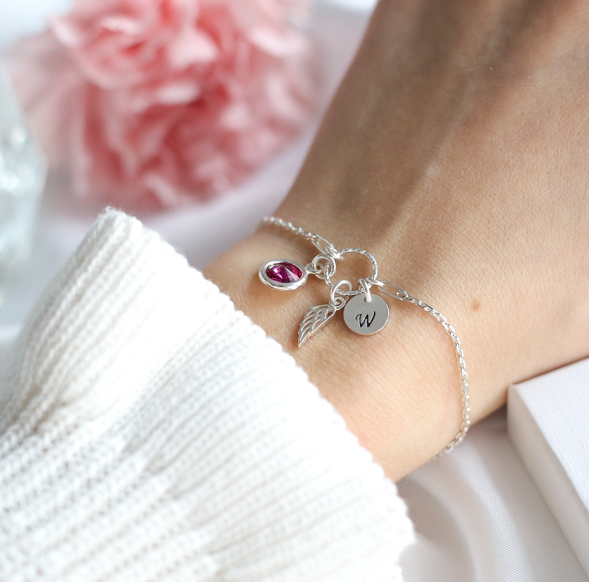 Angel Wing, Birthstone & Initial Charm Bracelet